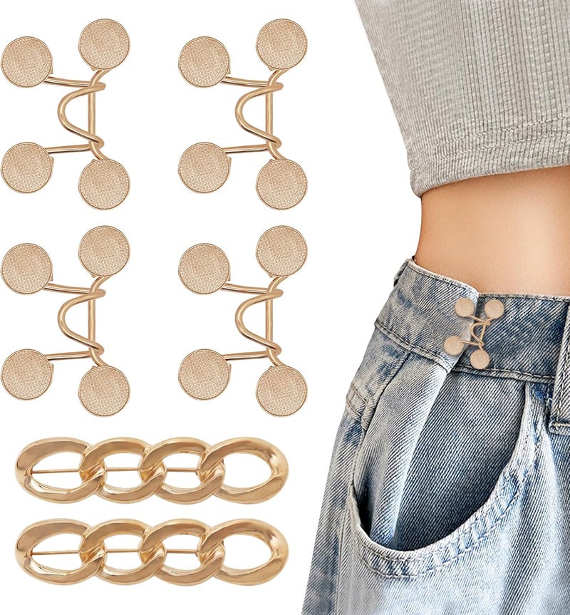 ROPAKED 6 Set Pant Waist Tightener Buttons Pins for Loose Jeans Reusable Waist Cincher Clip Metal Brooch for Clothing Dresses Skirts No Sewing Decoration Accessories（Gold - Image 1
